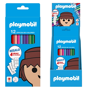 Dohe Playmobil Expositor con 12 Packs de 12 Lapices de Colores - Incluye 4 Hojas para Colorear en cada Pack - Mina de 2.8mm - Forma Hexagonal - Colore