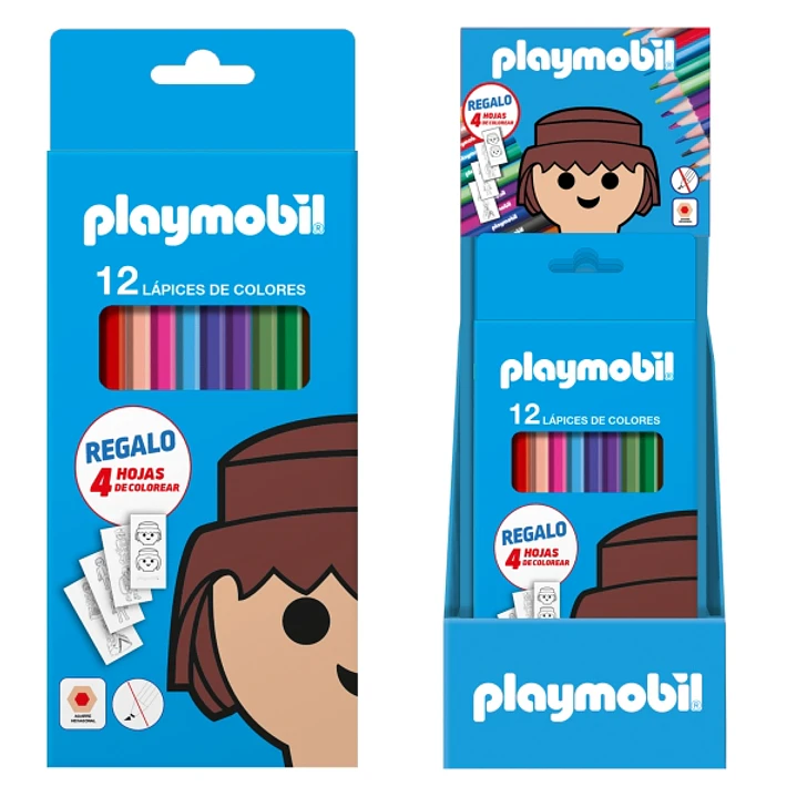 Dohe Playmobil Expositor con 12 Packs de 12 Lapices de Colores - Incluye 4 Hojas para Colorear en cada Pack - Mina de 2.8mm - Forma Hexagonal - Colore 1