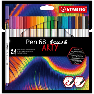 Stabilo Pen 68 Brush Arty Pack de 24 Rotuladores - Punta de Pincel - Tinta a Base de Agua - Colores Surtidos