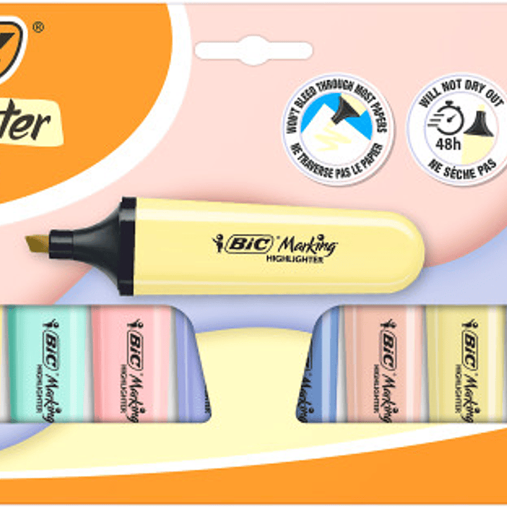 Bic Marking Highlighter Flat Pastel Pack de 10 Marcadores Fluorescentes - Punta Biselada - Trazo entre 1.20 y 4.60 mm - Tinta con Base de Agua - 4 Col 1