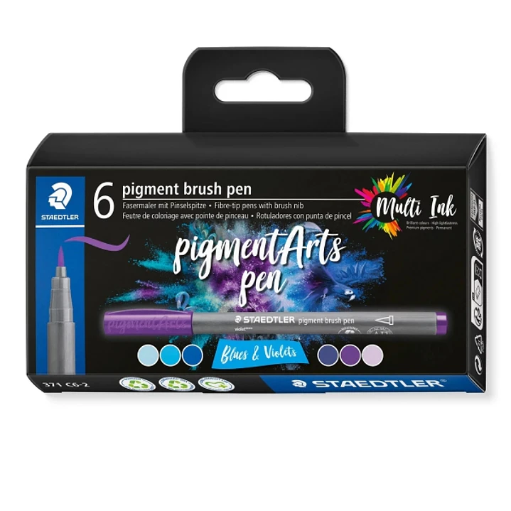 Staedtler 371 Pack de 6 Rotuladores Punta de Pincel Suave - Colores Vivos y Brillantes - No Amarillea con el Paso del Tiempo - Nueva Tinta Multi Ink - 1