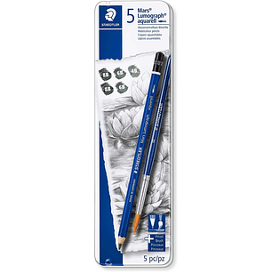 Staedtler Mars Lumograph Aquarell 100A Pack de 5 Lapices de Grafito + Pincel - Resistencia a la Rotura - Graduaciones Surtidas