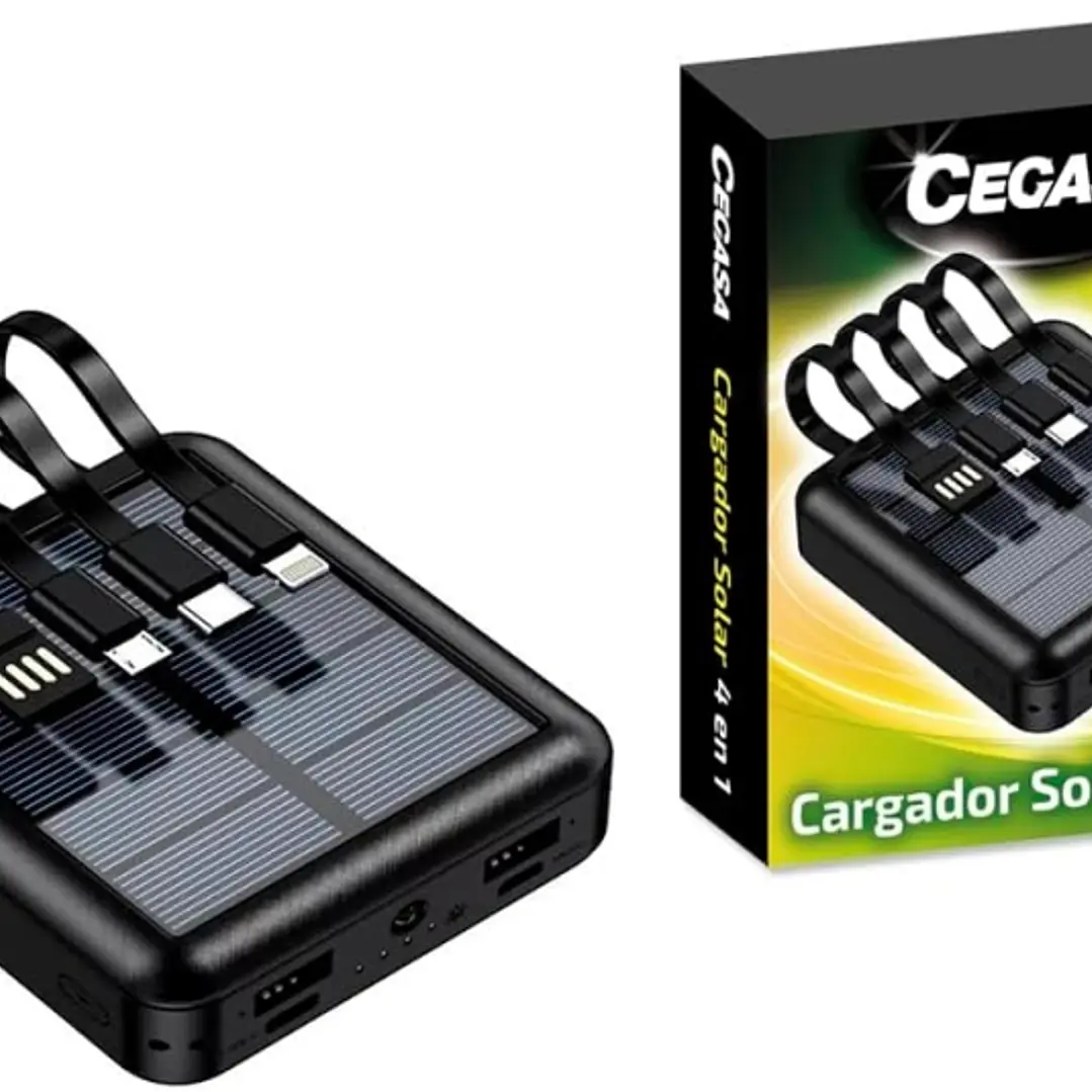 Cegasa Powerbank Solar 4 en 1 5000mAh - Salidas USB-C, Lighting, USB-A, Micro USB - Con Linterna - Color Negro 1