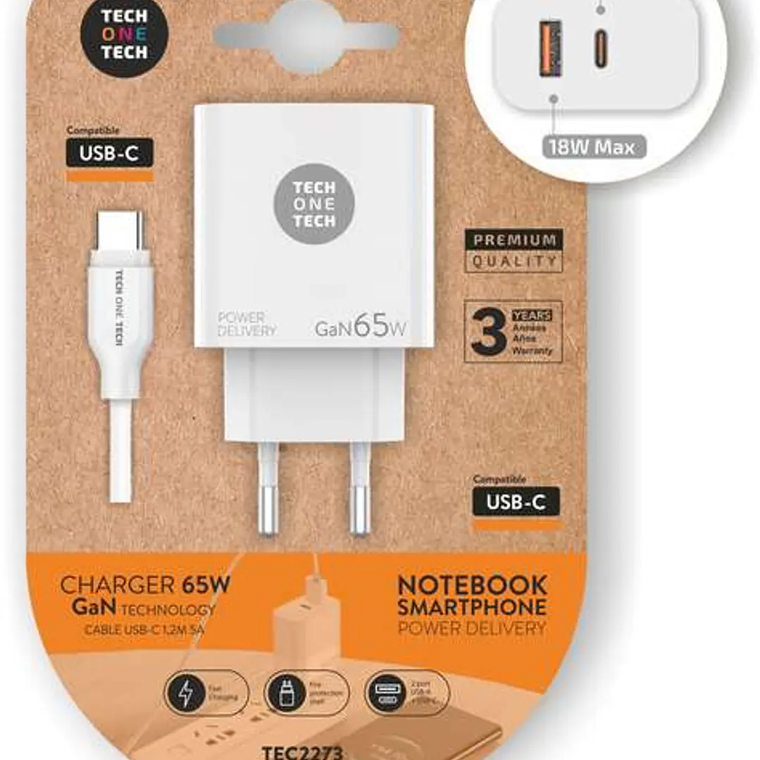 TechOneTech Cargador de Pared GaN PD 3.0 65W - Para Portatiles y Smartphones - Cable USB-C a USB-C 1m 1