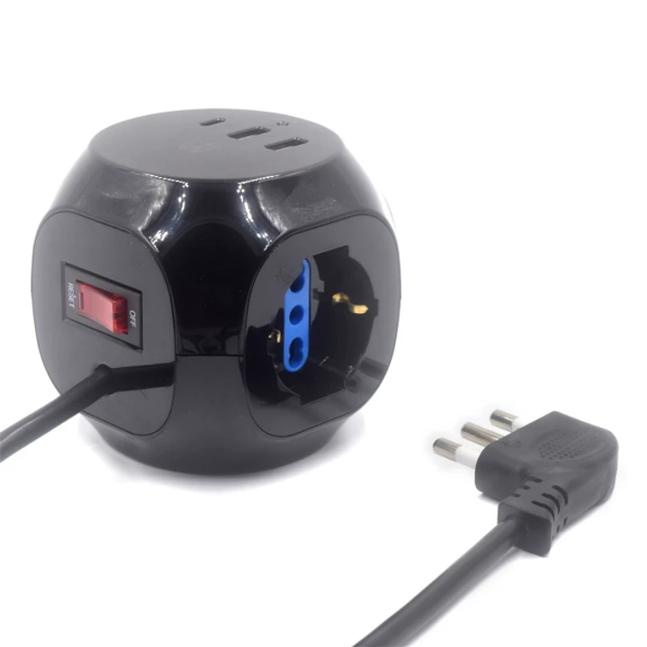 Ewent Regleta con 6 Tomas de Sobremesa en Forma de Cubo - 3 Tomas L/F (Schuko) - 2x USB-A - 1x USB-C - Enchufe Italiano Plano en Angulo - Interruptor  1