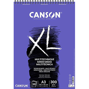 Canson Xl Mix Media Bloc de Dibujo Acuarela de 30 Hojas A3 - Grano Texturado - Microperforado Espiral - 21x29.7cm - 300g - Color Blanco