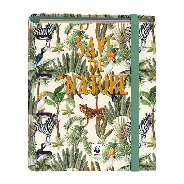 Dohe WWF Save the Nature Carpeta de 4 Anillas Formato A4 con Recambio de 100 Hojas - 4 Separadores Polipropileno de Colores - Cierre con Goma Elastica 1