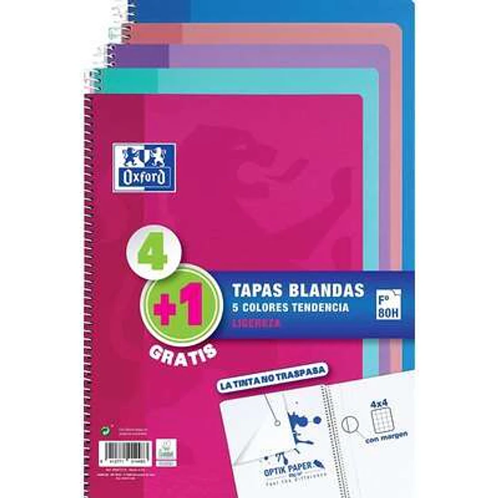 Oxford Pack 4+1 Cuadernos Espiral Formato Folio Cuadriculado 4x4mm - 80 Hojas - Tapa Blanda - Colores Tendencia Surtidos 1