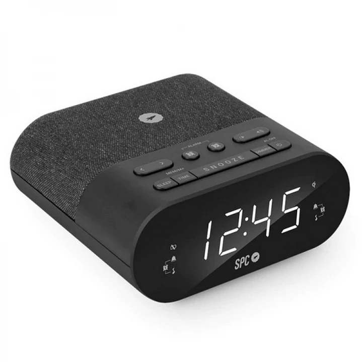 SPC Frodi Qi Radio Despertador con Base de Carga Inalambrica - Almacena Emisoras de Radio - 2 Alarmas Configurables - Color Negro 1