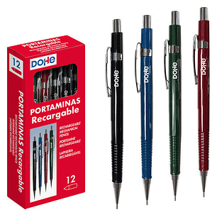 Dohe Portaminas Recargable - Cuerpo de Plastico - Zona Estriada para Agarre - Clip, Pulsador y Punta Metalica - Goma de Borrar - para Minas de 0.5mm
