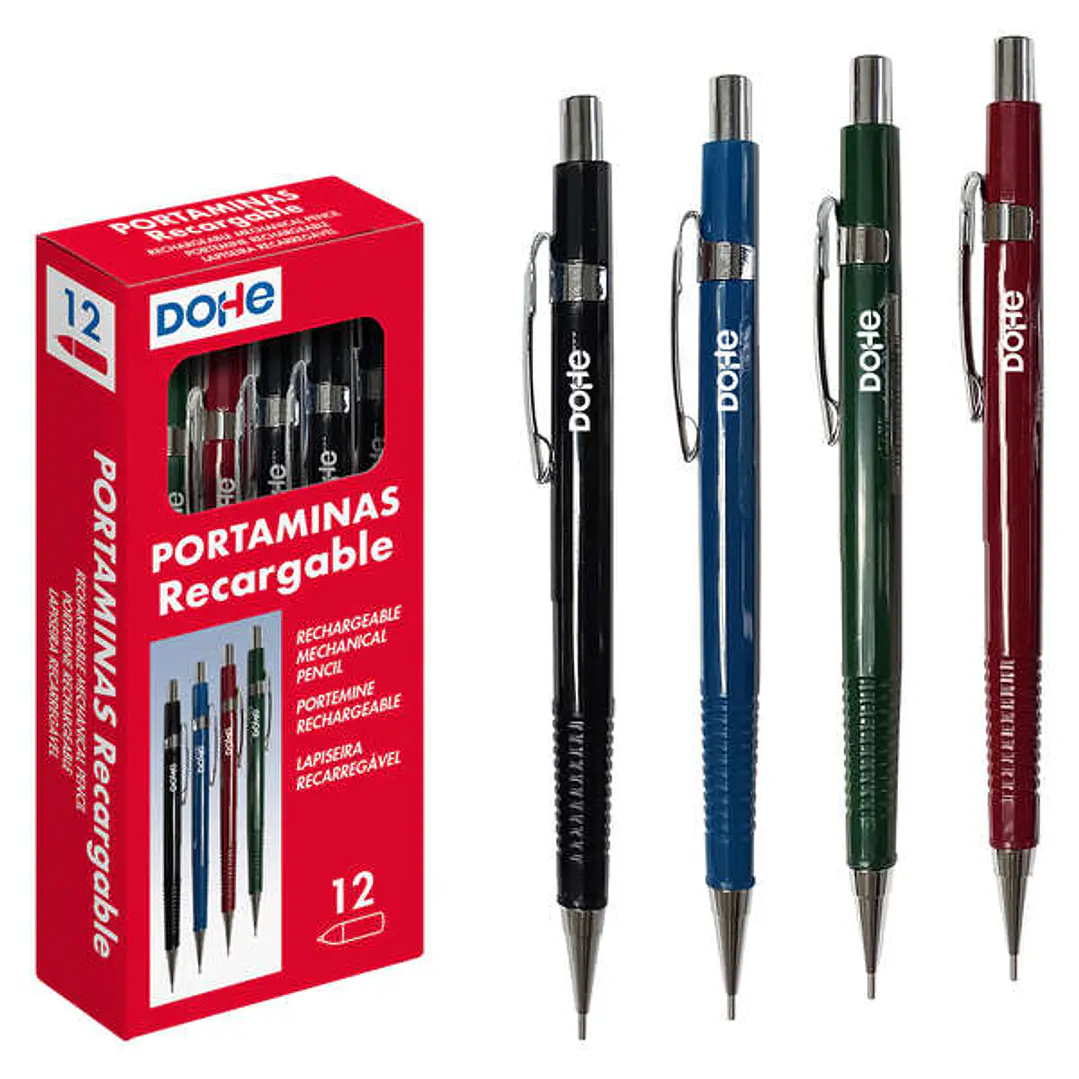 Dohe Portaminas Recargable - Cuerpo de Plastico - Zona Estriada para Agarre - Clip, Pulsador y Punta Metalica - Goma de Borrar - para Minas de 0.5mm 1