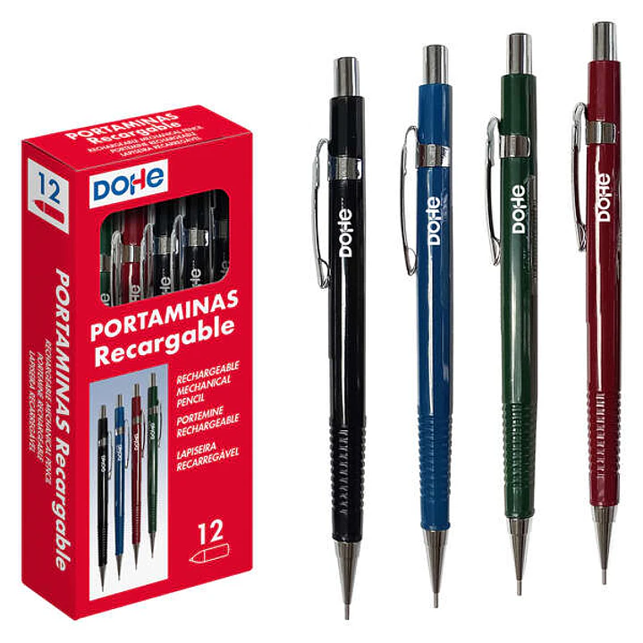 Dohe Portaminas Recargable - Cuerpo de Plastico - Zona Estriada para Agarre - Clip, Pulsador y Punta Metalica - Goma de Borrar - para Minas de 0.5mm 1