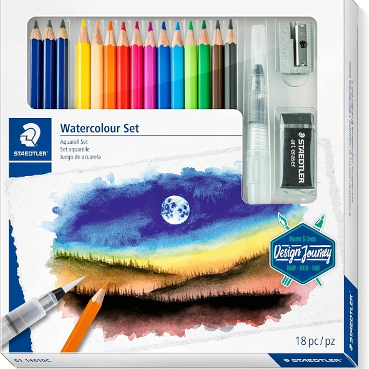 Staedtler Watercolour Set Design Journey Pack con 12 Lapices de Colores Surtidos Acuarelables, 3 Lapices Mars Lumograph Acuarelables, Borrador Artisti 1