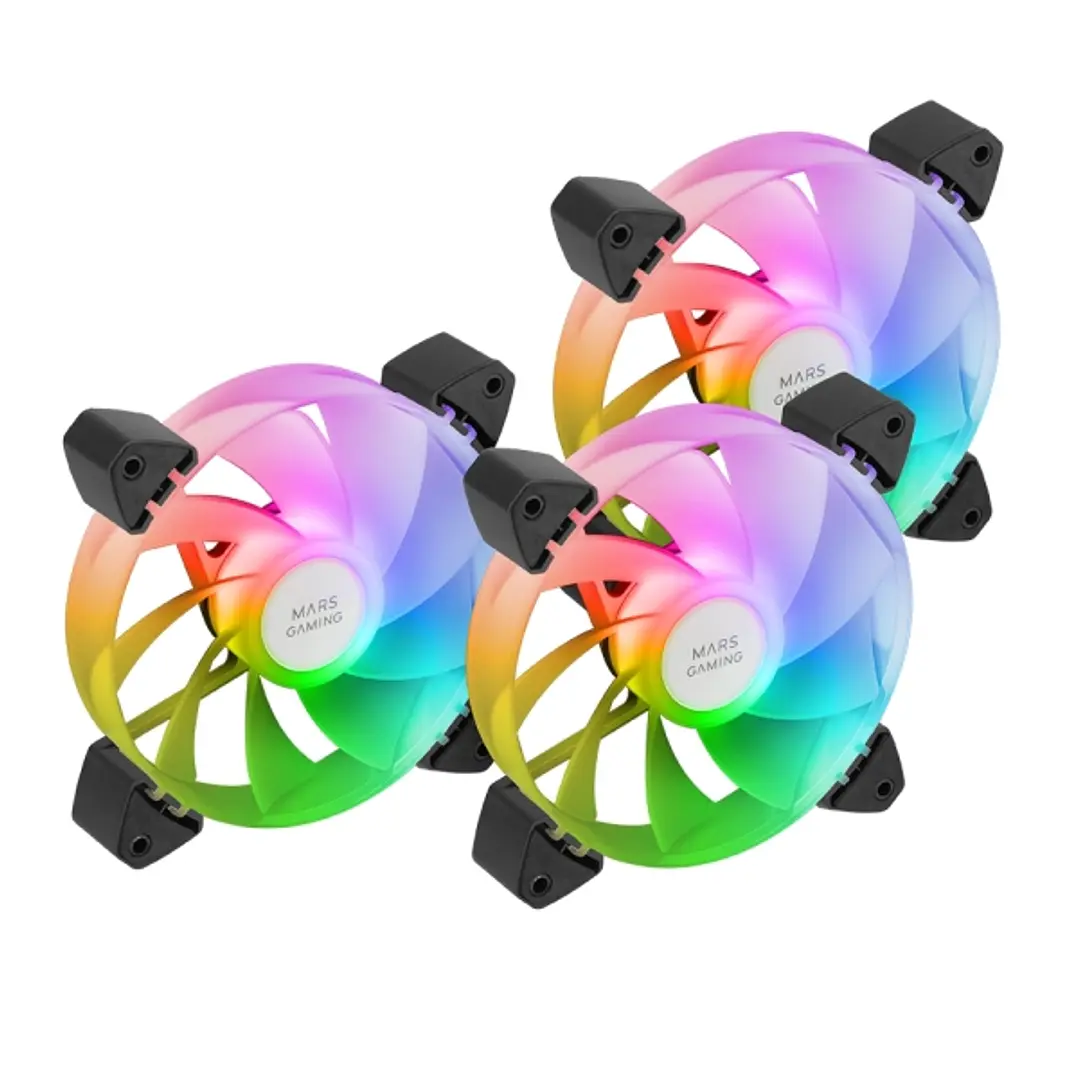 Mars Gaming MF-3AR Pack de 3 Ventiladores de 120mm FDB - Iluminacion ARGB 360º - Aspas Invertidas - Silencioso 14dB - Color Negro 1