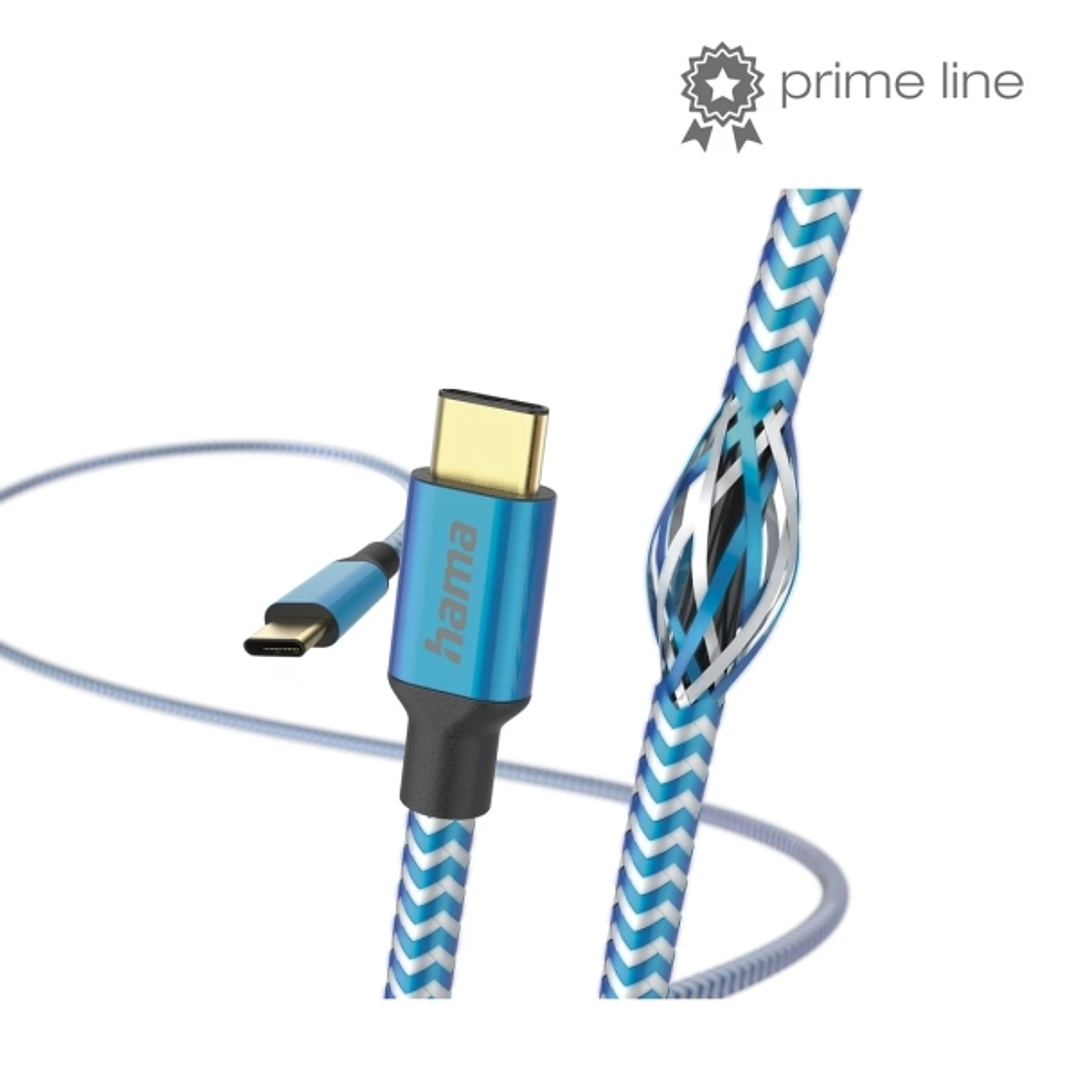 Hama Reflective Cable USB-C Macho - Potencia Maxima 60W - Longitud 1.5m - Nailon - Velocidad hasta 480Mbps - Chapado en Oro - Color Azul 1