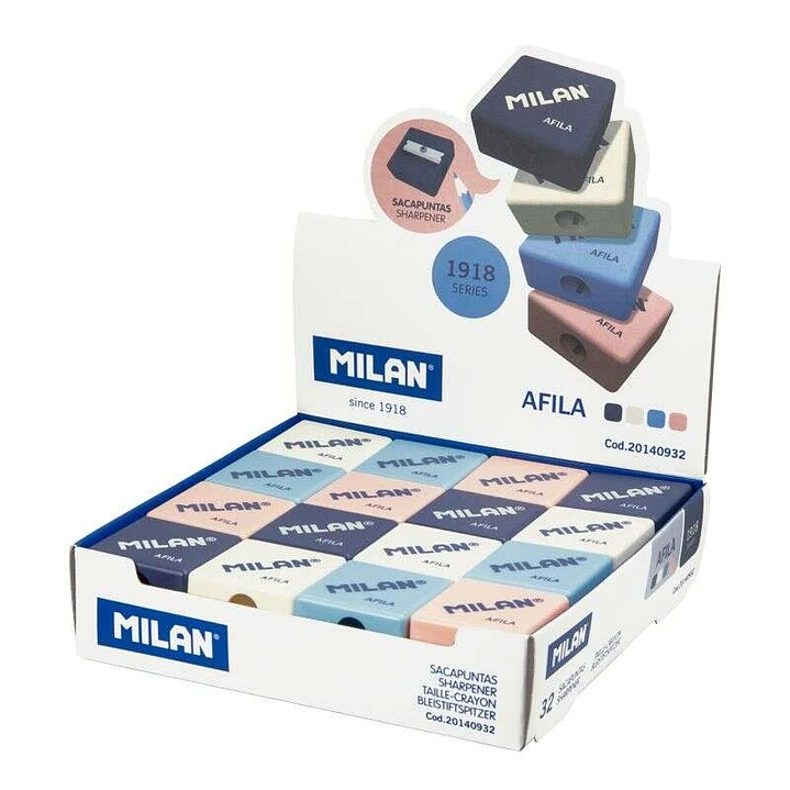 Milan Afila Serie 1918 Expositor de 32 Sacapuntas - Cuchilla de Acero - Colores Blanco, Azul Claro, Azul Oscuro y Rosa 1