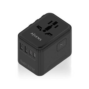 Aisens Adaptador de Viaje Universal GaN 25W - 2xUSB-A QC3.0, 2xUSB-C PD3.0 - Color Negro