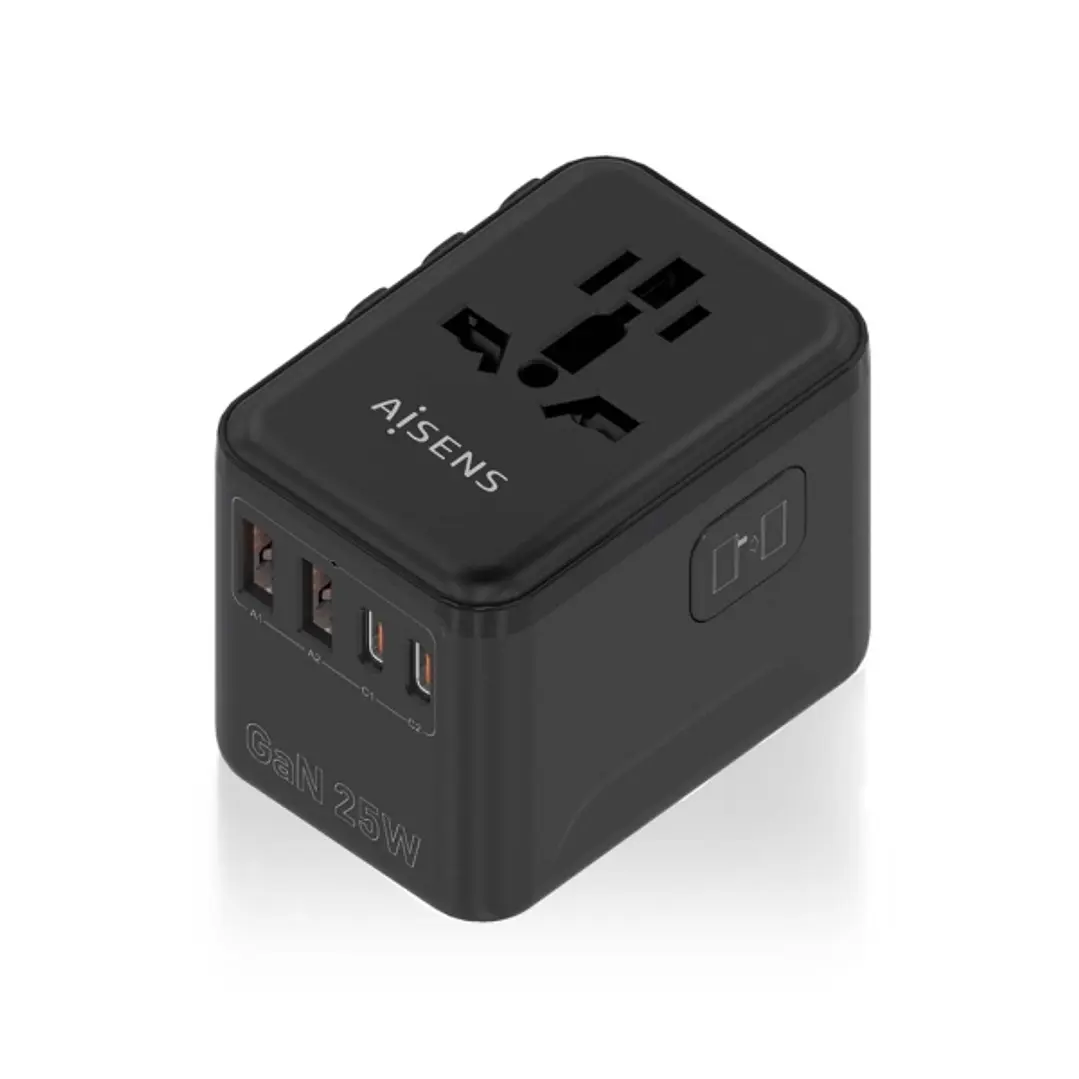 Aisens Adaptador de Viaje Universal GaN 25W - 2xUSB-A QC3.0, 2xUSB-C PD3.0 - Color Negro 1