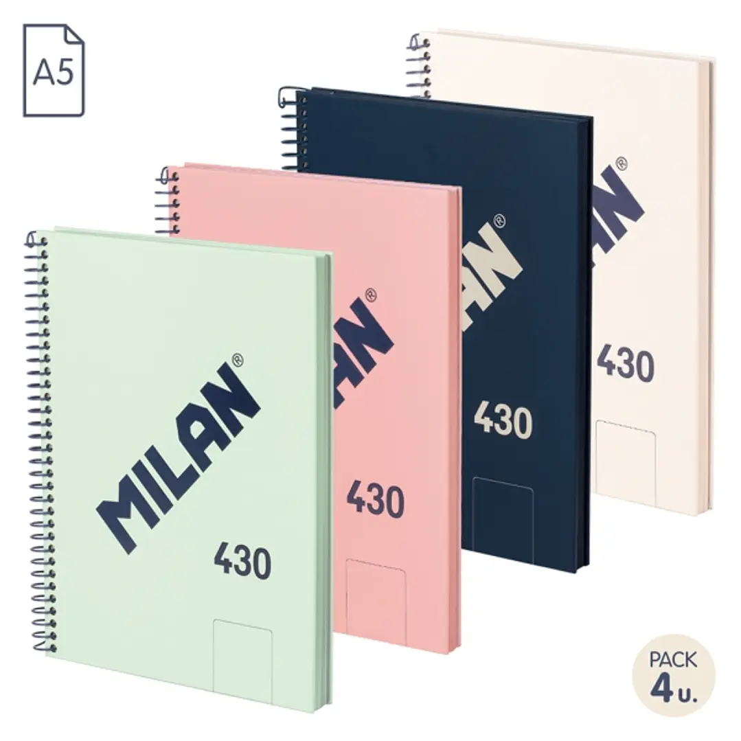 Milan 430 Since 1918 Pack de 4 Cuadernos A5 con Espiral - Hojas Blancas - 80 Hojas de 95g - Tapa Dura - Colores Surtidos 1