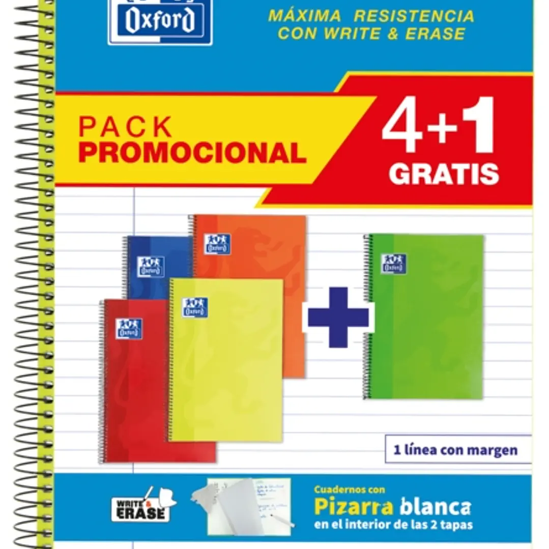 Oxford School Classic Write&Erase Pack 4+1 Fº - Cuaderno Espiral - Tapa Extradura - 1 Linea con Margen - 80 Hojas - Colores Surtidos 1