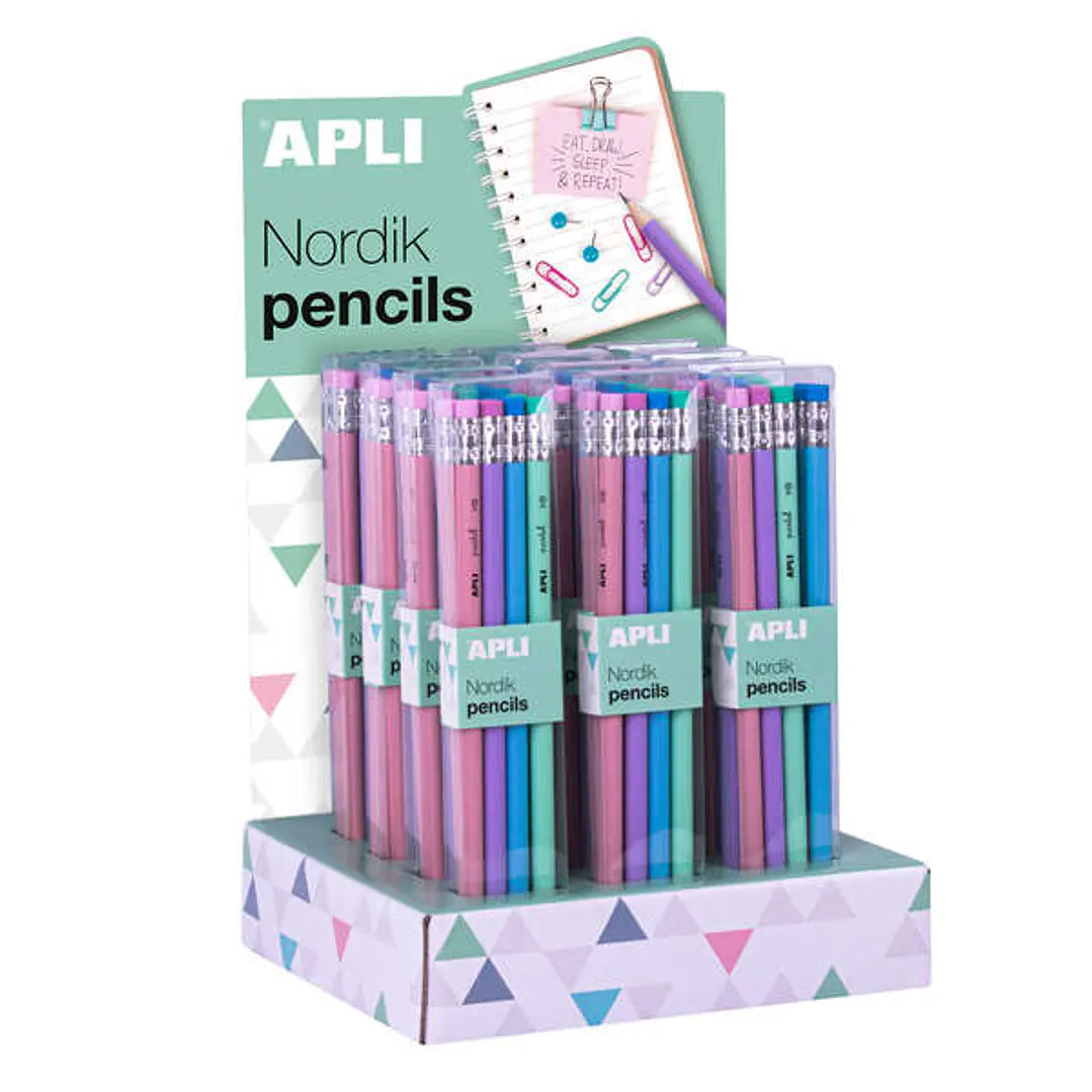 Apli Nordik Collection Expositor de 12 Packs de 8 Lapices de Grafito HB 2mm con Goma de Borrar - Colores Rosa, Lila, Turquesa y Verde 1