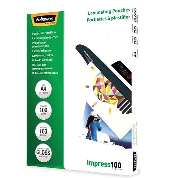 Fellowes Pack de 100 Fundas para Plastificar Brillo A4 - 100 Micras - Alta Calidad - Transparente 1