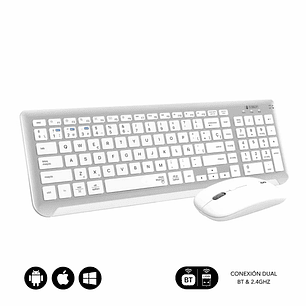 Subblim Combo Dual Prestige - Teclado y Raton Inalambricos - Bluetooth y 2.4G - Funcionamiento Silencioso - Color Blanco Plata