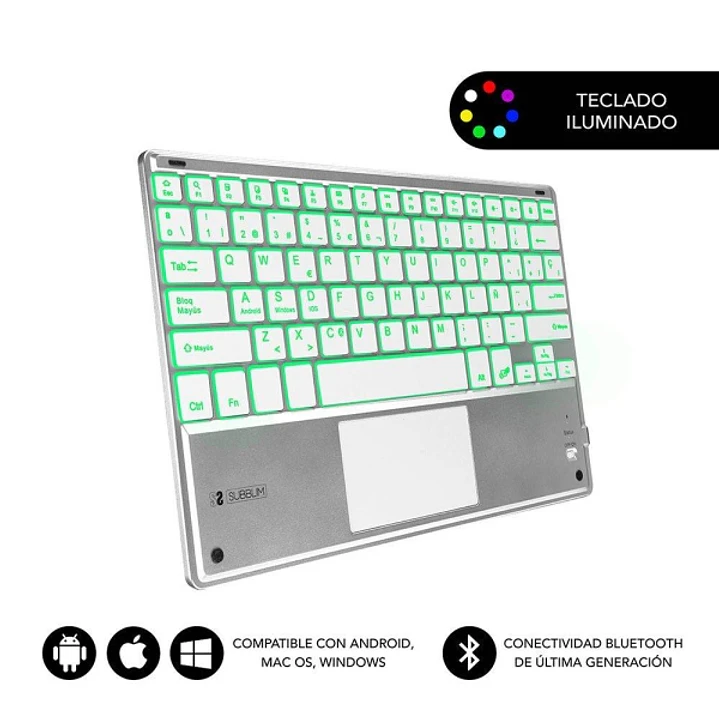 Subblim Teclado Retroiluminado Ultrafino SMART BT - TouchPad - Iluminación Hasta 7 Colores Ajustables - Bluetooth 3.0 - Autonomia 30 dias - Color Plat 1