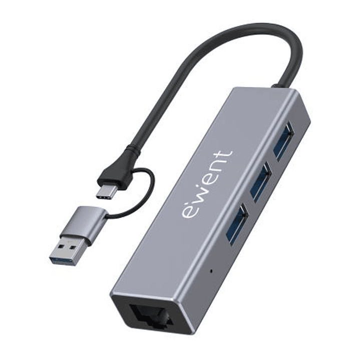 Ewent Adaptador de Red USB-C + USB-A/M 3.2 Gen1 a Ethernet Gigabit 10/100/1000 Mbps + Hub 3xUSB-A 3.2 Gen1 - 15 cm - Color Gris 1