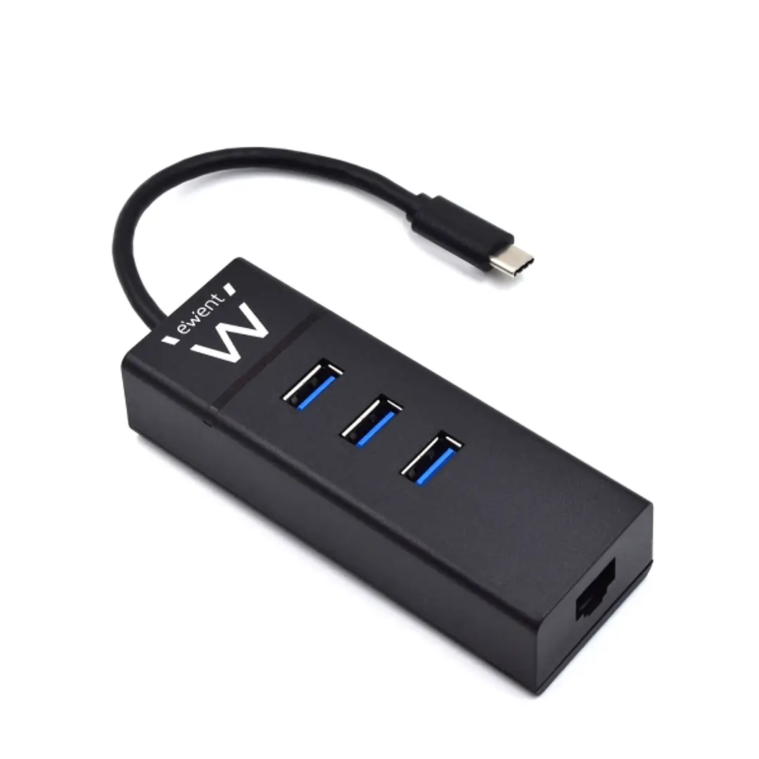 Ewent Hub USB-C 4 en 1 - 3x USB-A - 1x RJ45 - hasta 1000Mbps - Cable de 15cm - Color Negro 1