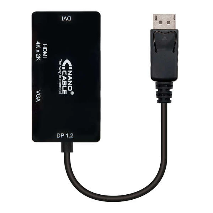 Nanocable Conversor Displayport a VGA / DVI / HDMI - 3 en 1 - DP 1.2/M-VGA/H-DVI/H-HDMI/H 4K - 15 cm - Color Negro 1