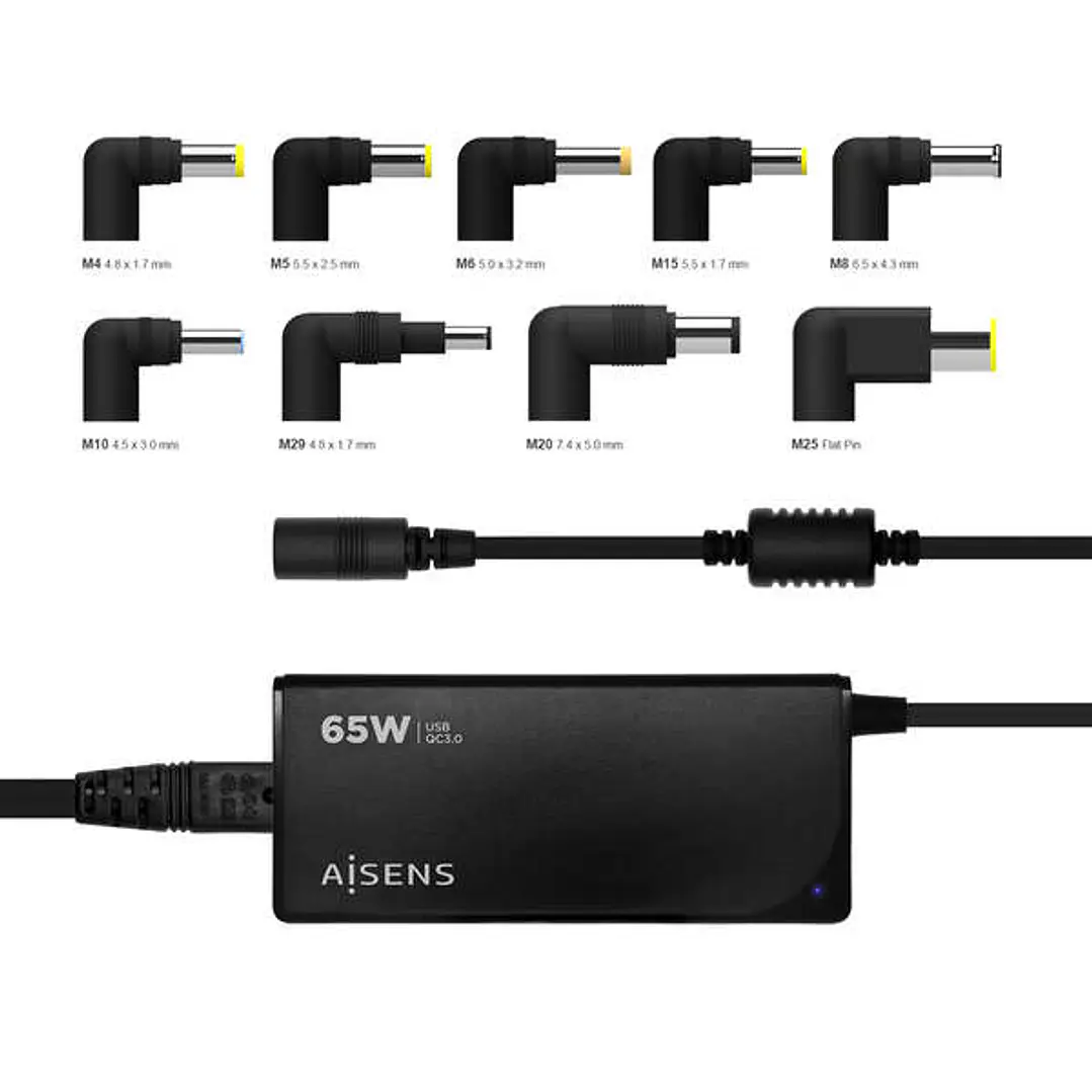 Aisens Cargador 65W Automatico Universal Multitension para Portatil con 9 Conectores + USB-A QC.3.0 - Color Negro 1