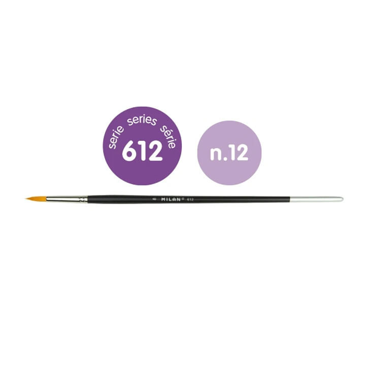 Milan 612 Premium Synthetic Pack de 4 Pinceles Redondos Numero 12 - Bolsa con Colgador - Pelo Sintetico - Mango Largo - Color Negro 1