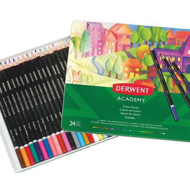 Derwent Academy Pack de 24 Lapices de Colores de Gran Calidad - Transferencia de Color Perfecta - Cuerpos de Madera Natural - Colores Surtidos 1