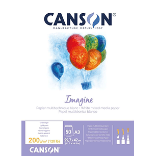 Canson Imagine Bloc Encolado de 50 Hojas A3 - Grano Fino - 29.7x42cm - 200g - Color Blanco