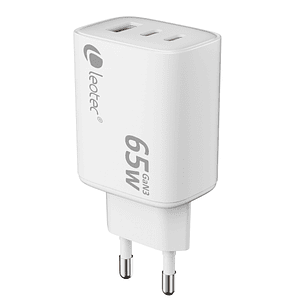 Leotec Cargador Universal 65W GAN - Ultra Slim - 2USB-C PD + 1USB-A - Color Blanco