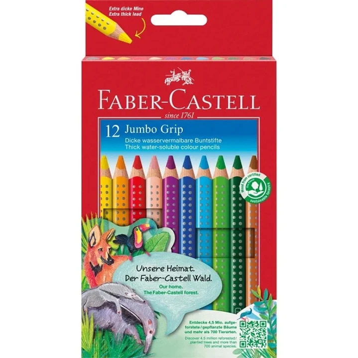 Faber-Castell Jumbo Grip Pack de 12 Lapices de Colores Triangulares con Grip de Agarre - Mina Extragruesa Jumbo - Acuarelable y Lavable - Colores Surt 1
