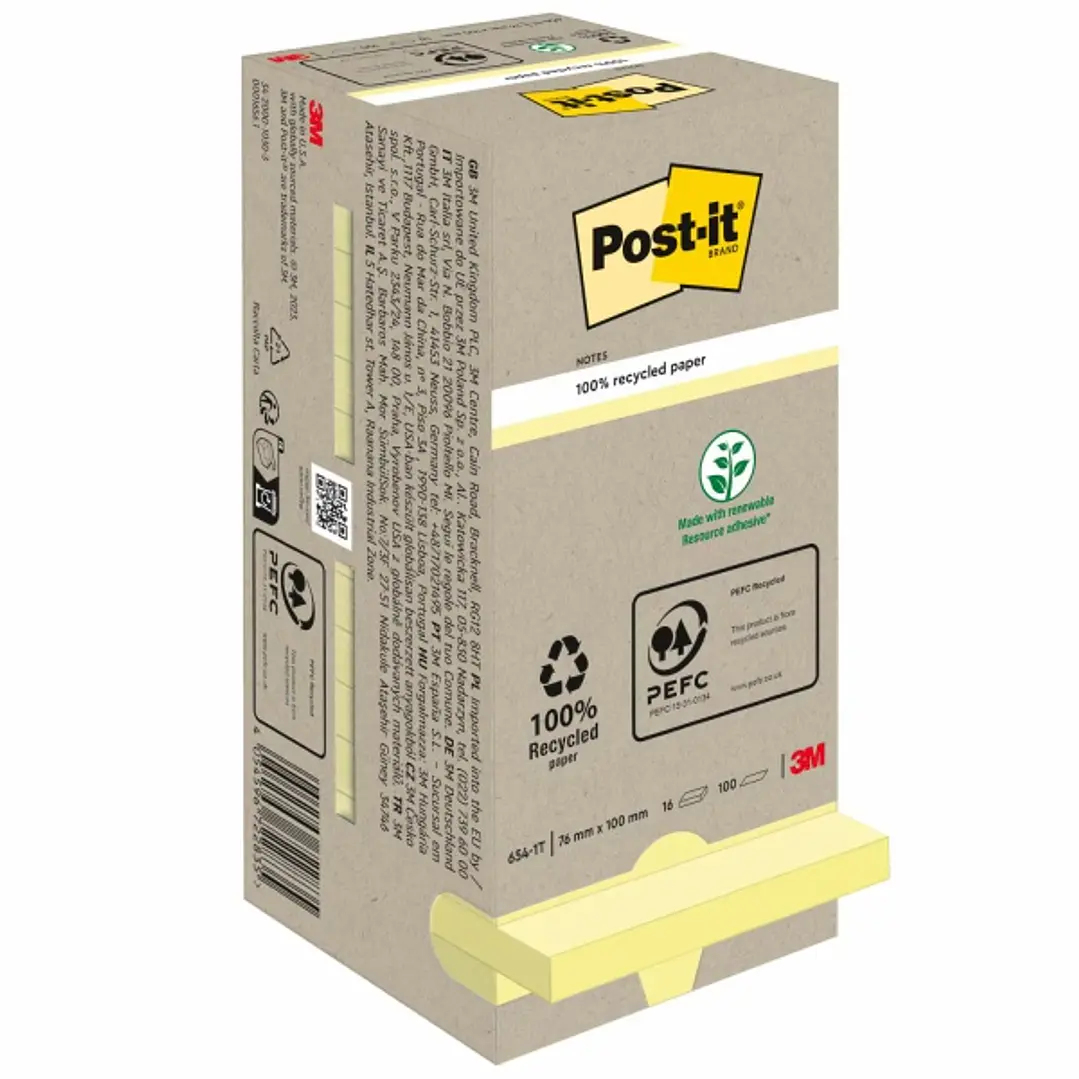 Post-It Pack de 16 Blocs de 100 Notas Adhesivas Recicladas - Forma Cuadrada - 76x76mm - Color Amarillo Claro 1