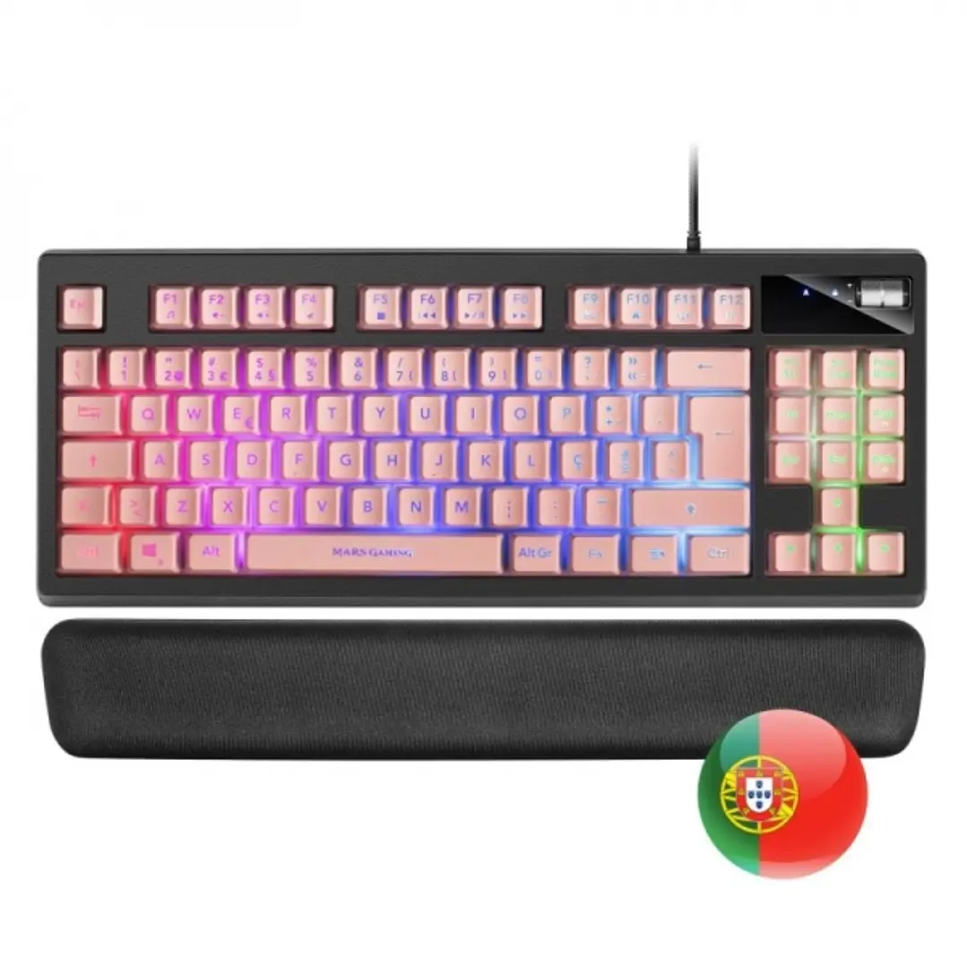 Mars Gaming MKAX Teclado Gaming - Iluminacion RGB 9 Efectos - Diseño Compacto TKL - Tecnologia H-Mech - Control de Volumen Roller - Reposamuñecas Memo 1