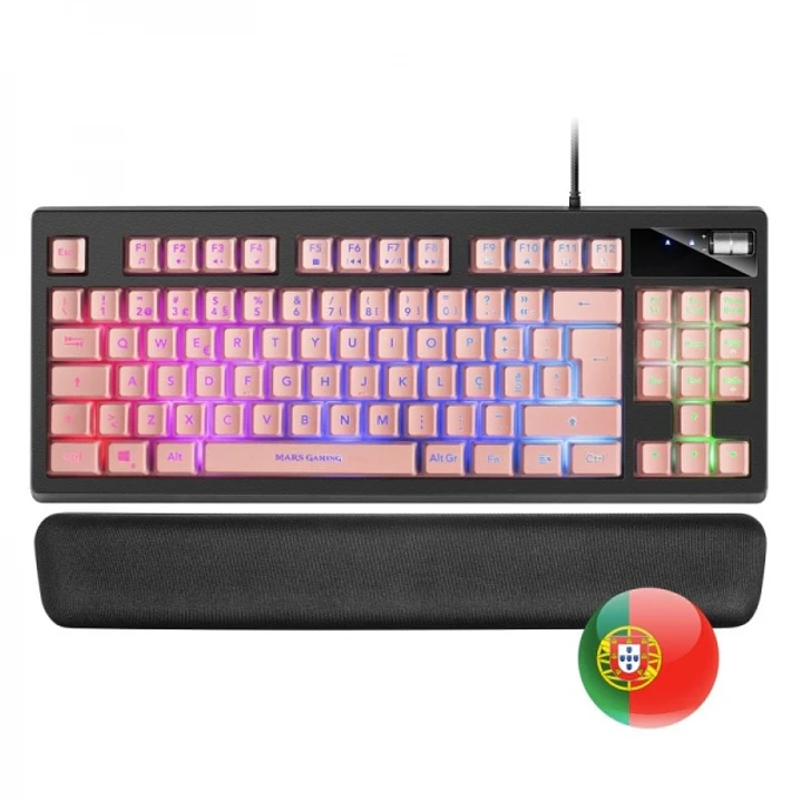 Mars Gaming MKAX Teclado Gaming - Iluminacion RGB 9 Efectos - Diseño Compacto TKL - Tecnologia H-Mech - Control de Volumen Roller - Reposamuñecas Memo 1