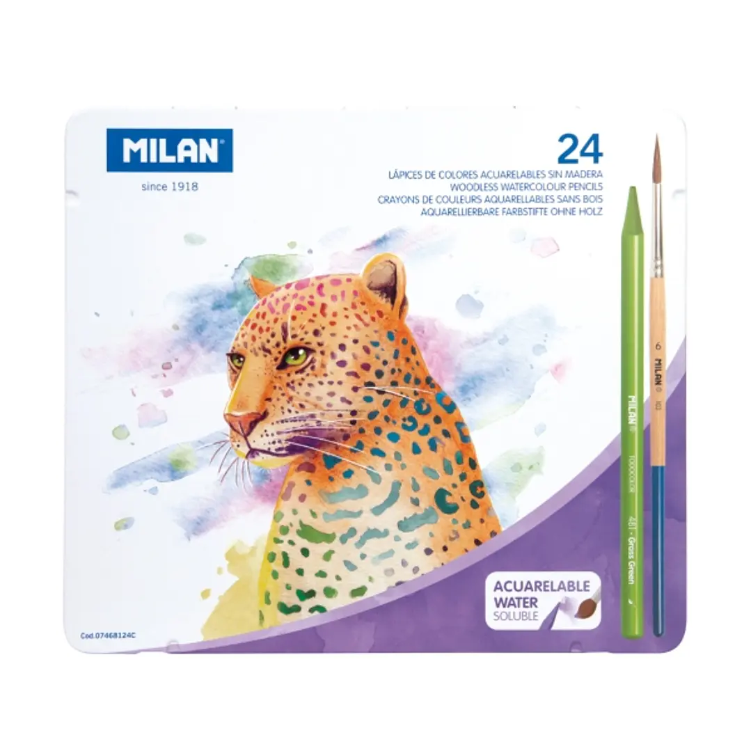 Milan Pack de 24 Lapices de Colores Acuarelables - Caja Metalica - Todo Mina - Incluye Pincel - Colores Surtidos 1
