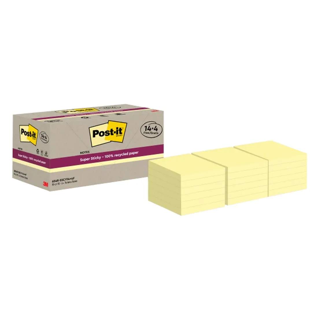 Post-It Super Sticky Pack de 18 Blocs de 70 Notas Adhesivas Recicladas - Forma Cuadrada - 76x76mm - Color Amarillo Claro 1