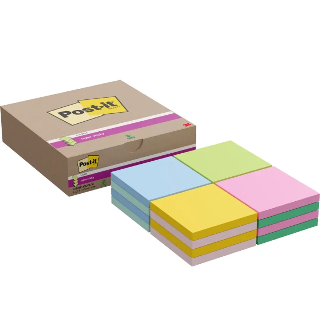 Post-It Super Sticky Pack de 16 Blocs de 90 Notas Adhesivas Reposicionables - Forma Cuadrada - 76x76mm - en Zig-Zag - Colores Surtidos 1