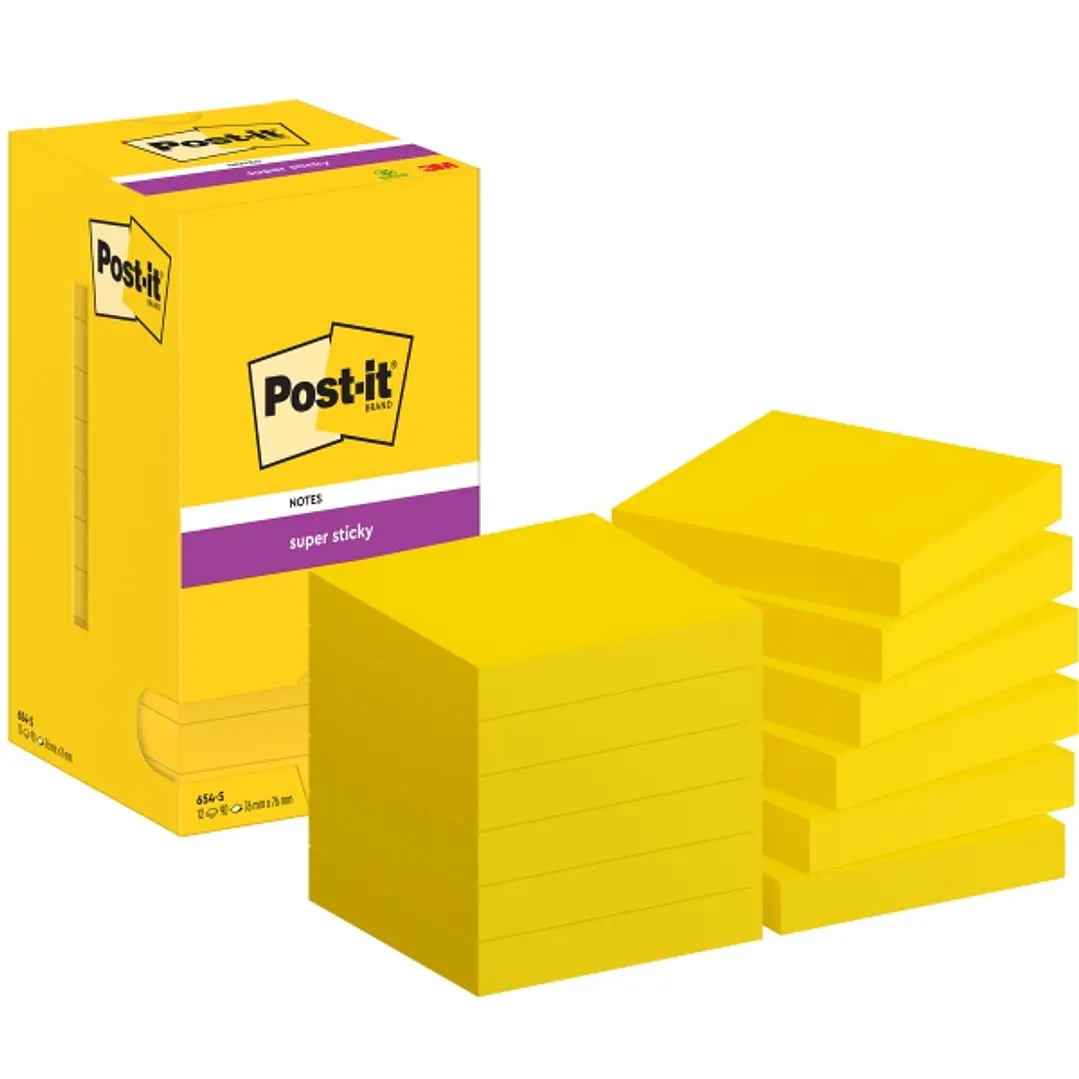 Post-It Super Sticky Pack de 12 Blocs de 90 Notas Adhesivas Reposicionables - Forma Cuadrada - 76x76mm - Color Amarillo 1
