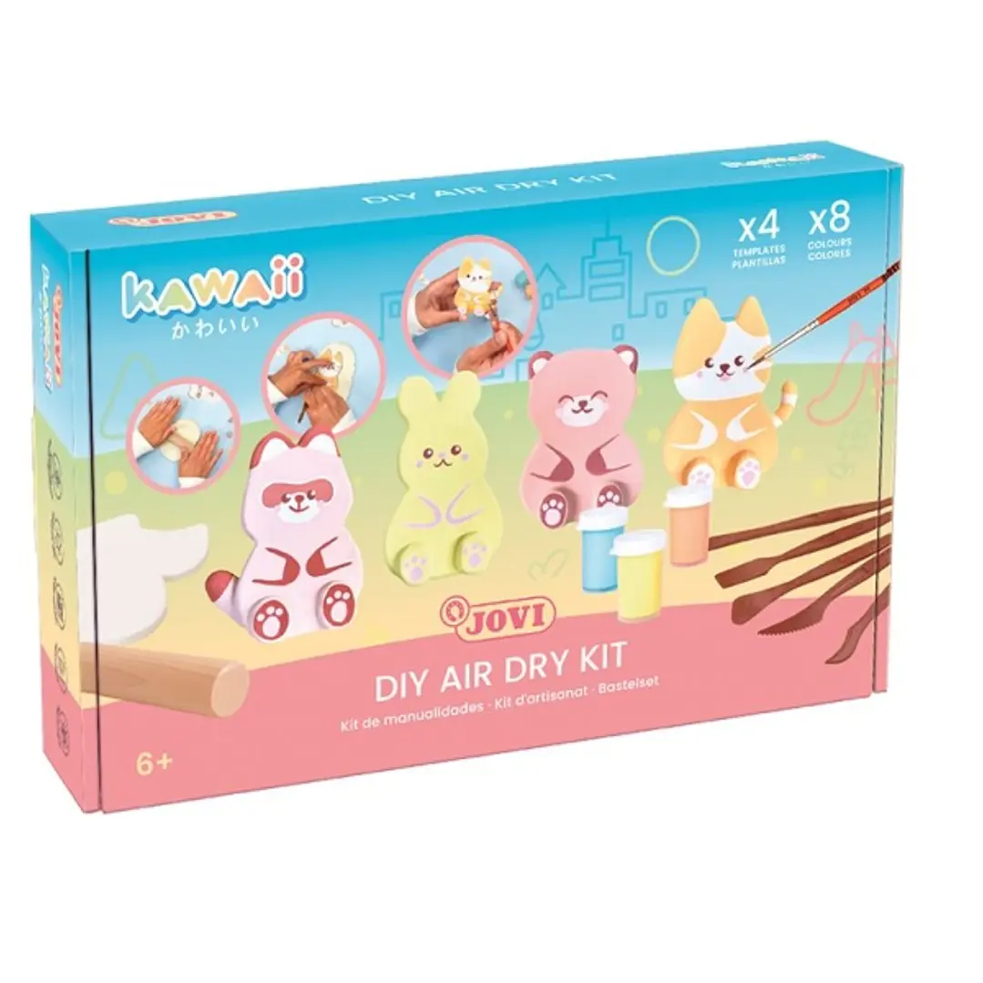 Jovi Kawaii Air Dry Kit con Pasta Endurecible 500gr + 4 Plantillas + Pinturas + Complementos - Facil de Moldear - Colores Surtidos 1
