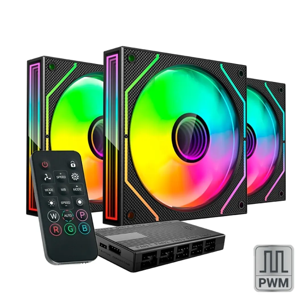 Mars Gaming MF-3DPROKIT Pack de 3 Ventiladores de 120mm - Iluminacion ARGB Infinity Mirror 360º - Silencioso 12dB - Mando a Distancia y Hub ARGB - Col 1