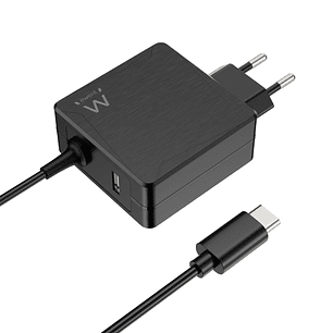 Ewent Cargador de Pared USB-C de 65W - Power Delivery - USB-A Extra - Cable de 1.5m - Proteccion Electrica - Color Negro