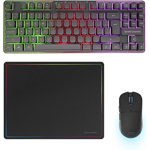 Mars Gaming MCPWTKL Combo Pack Gaming 3en1 - Teclado Hibrido H-Mech Formato TKL - Disposicion Internacional QWERTY US - Raton 3200dpi - Switches HUANO