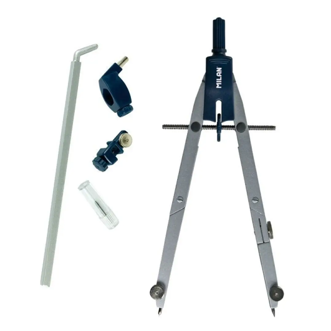 Milan Compas Escolar con Bigotera Automatica y 2 Articulaciones - Autocentrado Ilimitado - Contiene Minas de Recambio, Adaptador para Rotuladores Tecn 1