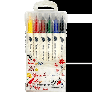 Pentel Brush Sing Pen Twin Pack de 6 Rotuladores con Doble Punta de Pincel Flexible - Punta Ancha 1-4mm, Punta Fina 0,2-2mm - Colores Surtidos